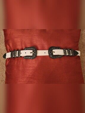 Double Buckle Western-Style White Belt with Engraved Silver Hardware